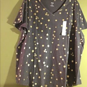 NWT EVRI V-Neck Tee Gray with Gold Stars Size 2X